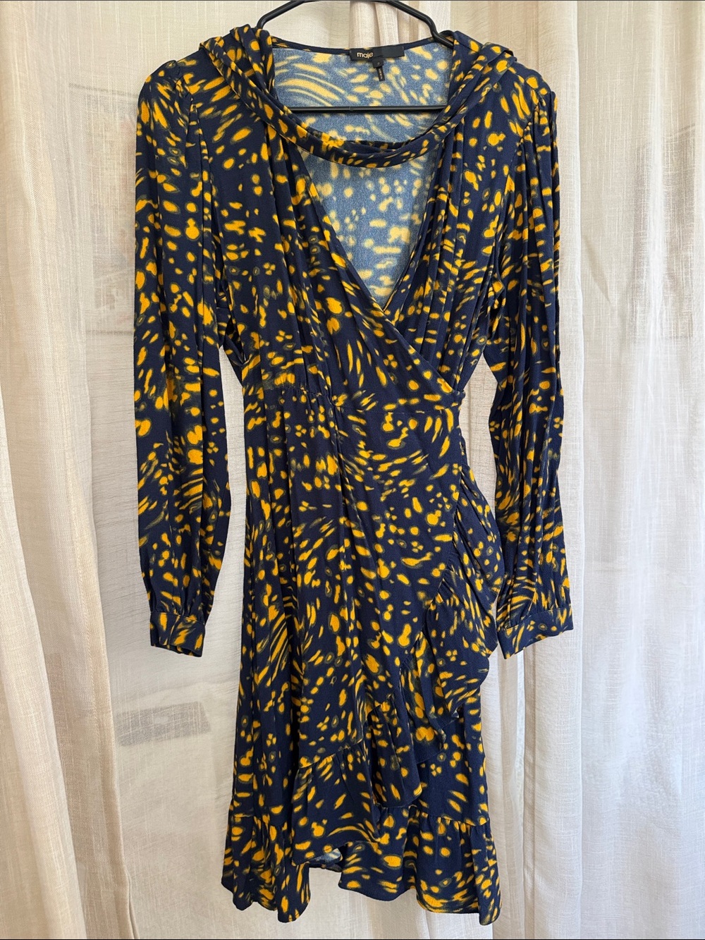 Maje Navy & Yellow Wrap-Style mini Dress